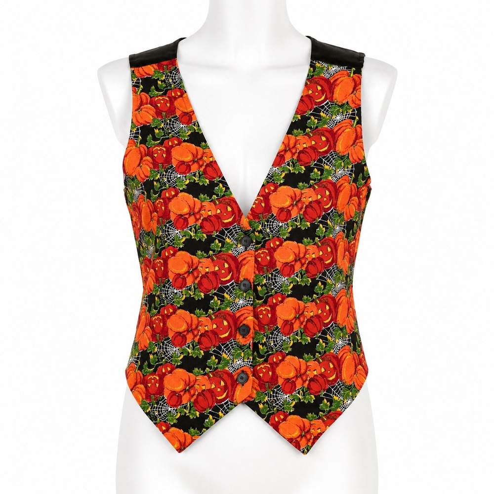 Basic Editions Pumpkin Print Button Vest‎ Halloween Fall Harvest Cottagecore L